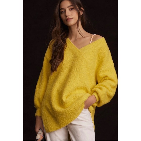 Pilcro Sweaters - Anthropologie Pilcro V-Neck Teddy Sweater Yellow XS Oversized Tunic Pullover